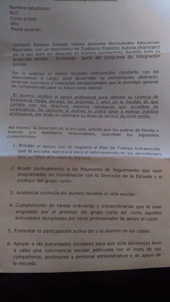 Documento que el Liceo intentó que Edith firmara.
